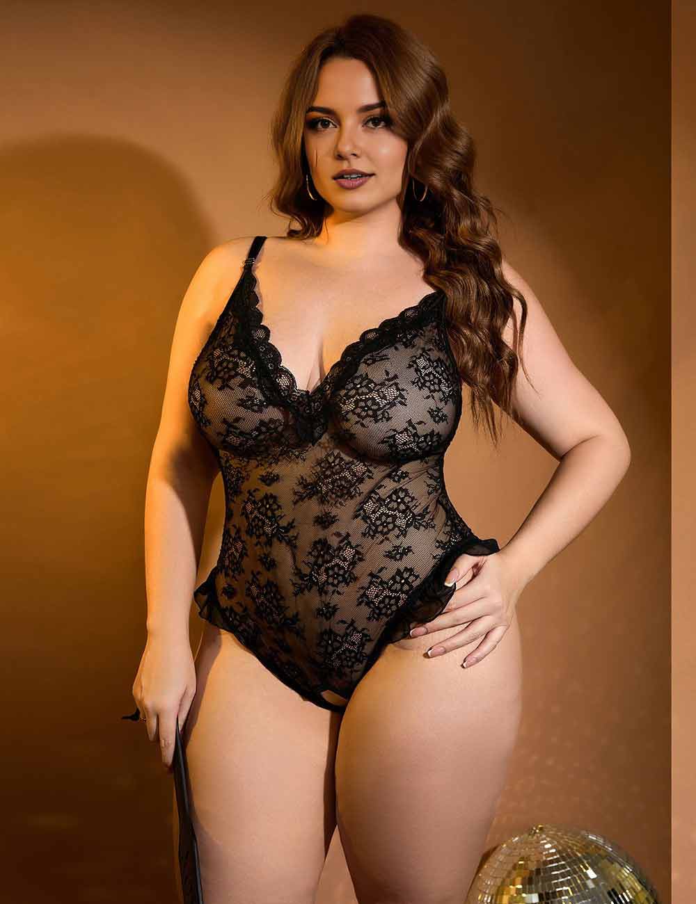 Women Plus Size Lace Ruffled Open Crotch Mesh Bodysuit