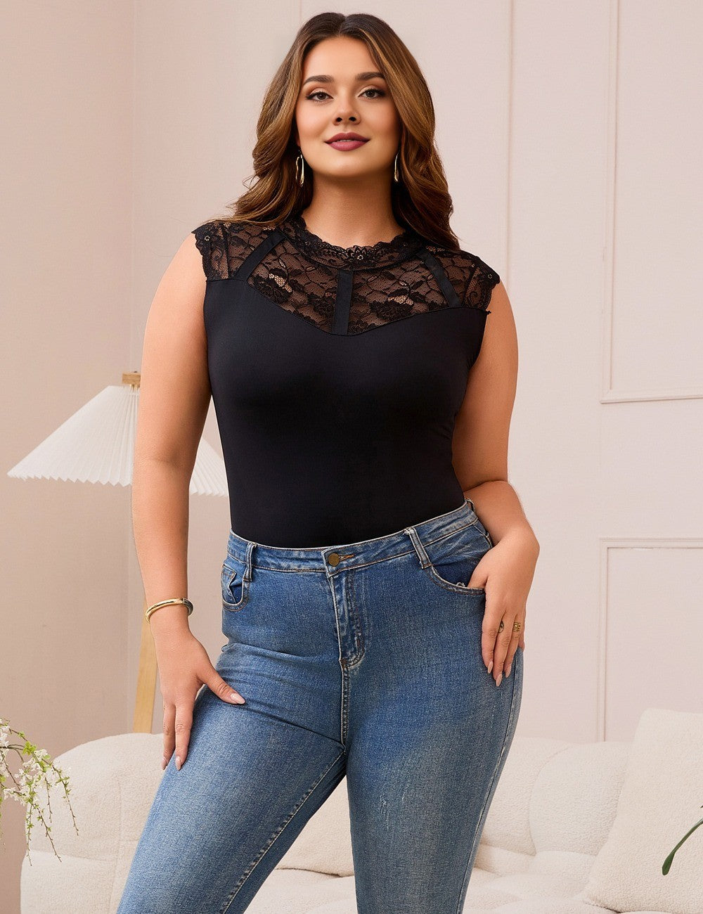 Women Plus Size Lace Sheer Sleeveless Bodysuit