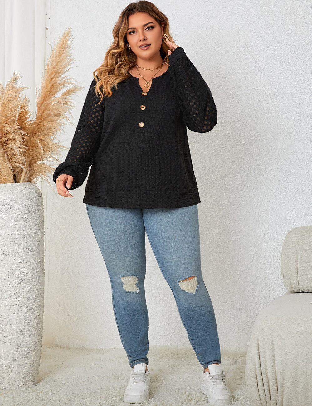 Women Plus Size Lace Stitching Black Knitted Long Sleeve Top
