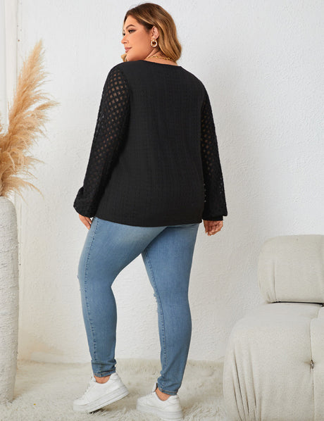 Women Plus Size Lace Stitching Black Knitted Long Sleeve Top