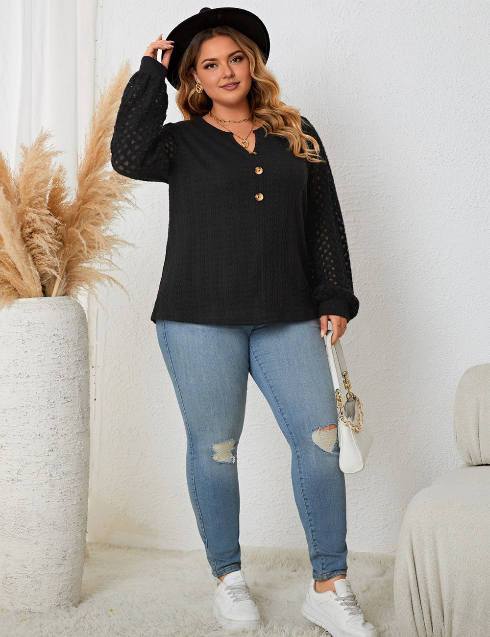 Women Plus Size Lace Stitching Black Knitted Long Sleeve Top