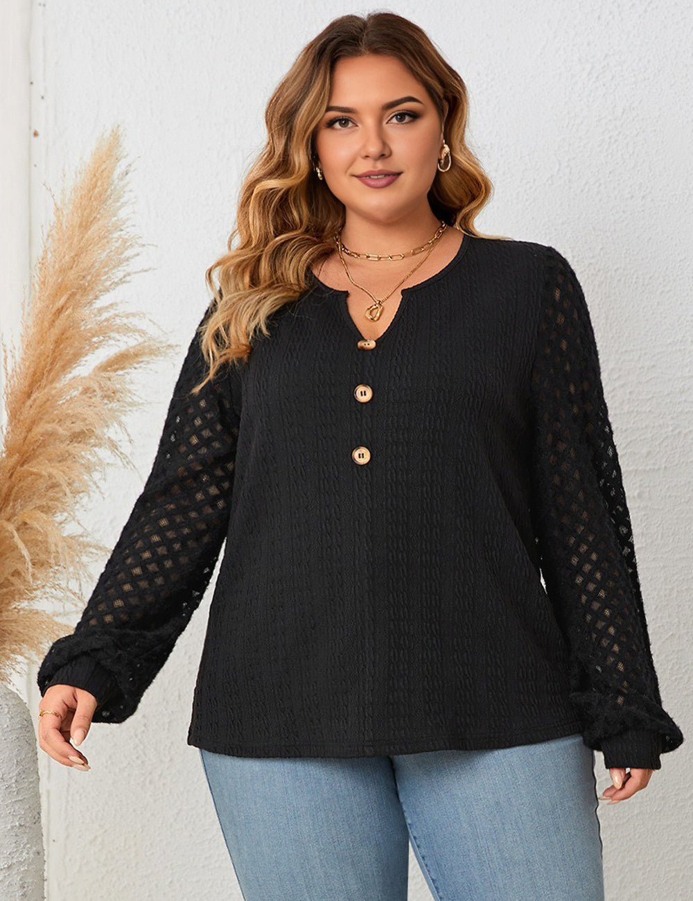 Women Plus Size Lace Stitching Black Knitted Long Sleeve Top
