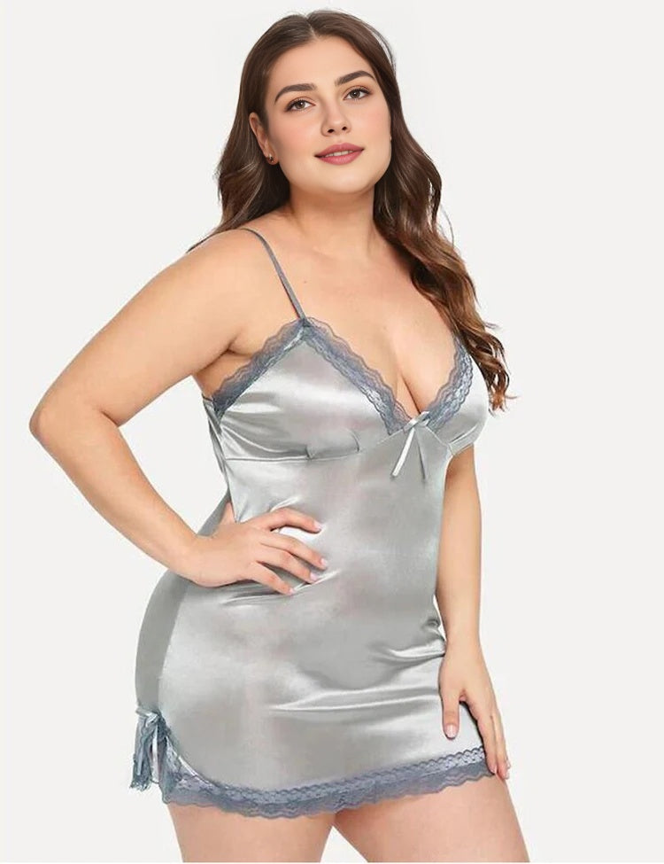 Women Plus Size Lace Suspender Silk-Like Babydoll-1