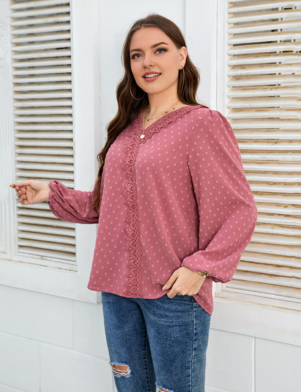 Women_Plus_Size_Lace_Trim_V-Neck_Balloon_Sleeve_Blouse_PRUSES_1