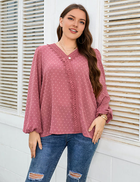 Women_Plus_Size_Lace_Trim_V-Neck_Balloon_Sleeve_Blouse_PRUSES_2
