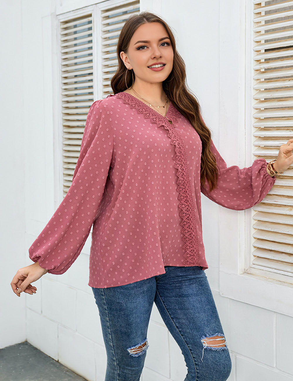 Women_Plus_Size_Lace_Trim_V-Neck_Balloon_Sleeve_Blouse_PRUSES_4