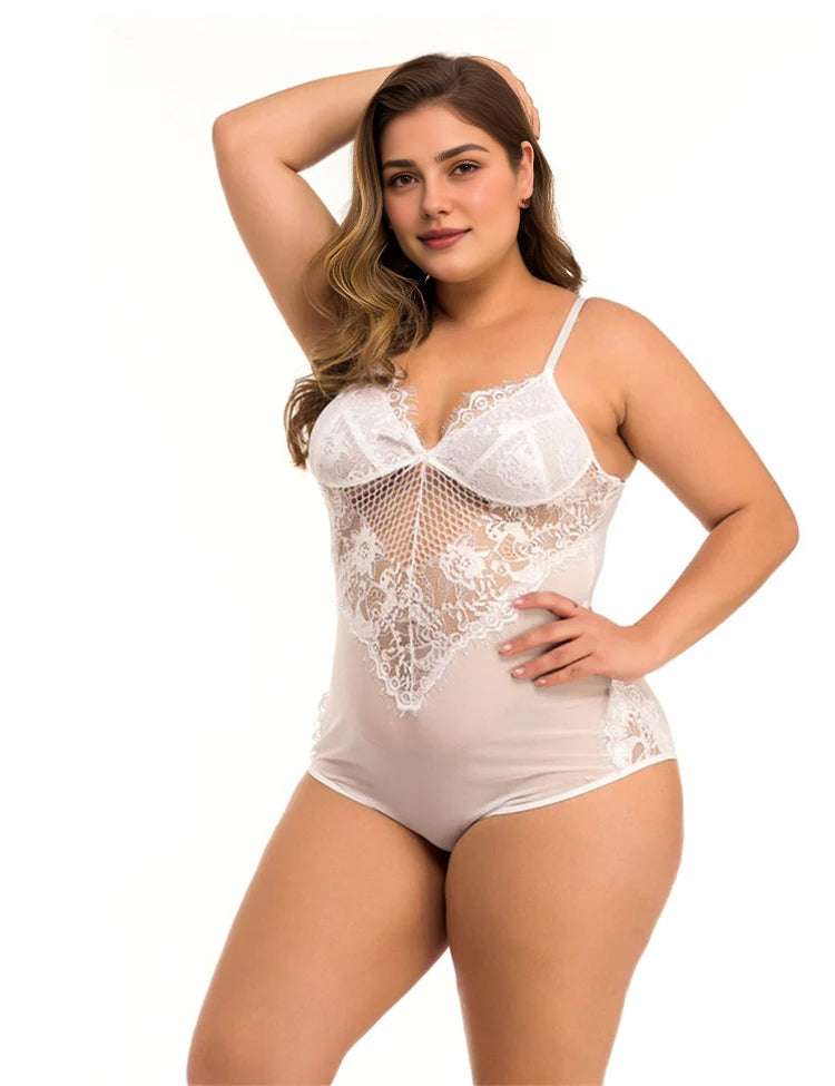 Women Plus Size Lace V Neck Bodysuit-4
