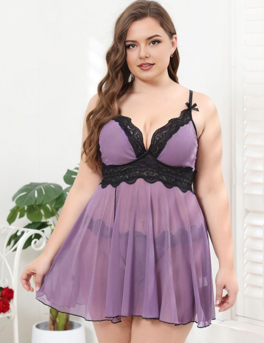 Women Plus Size Lavender Black Lace Mesh Babydoll