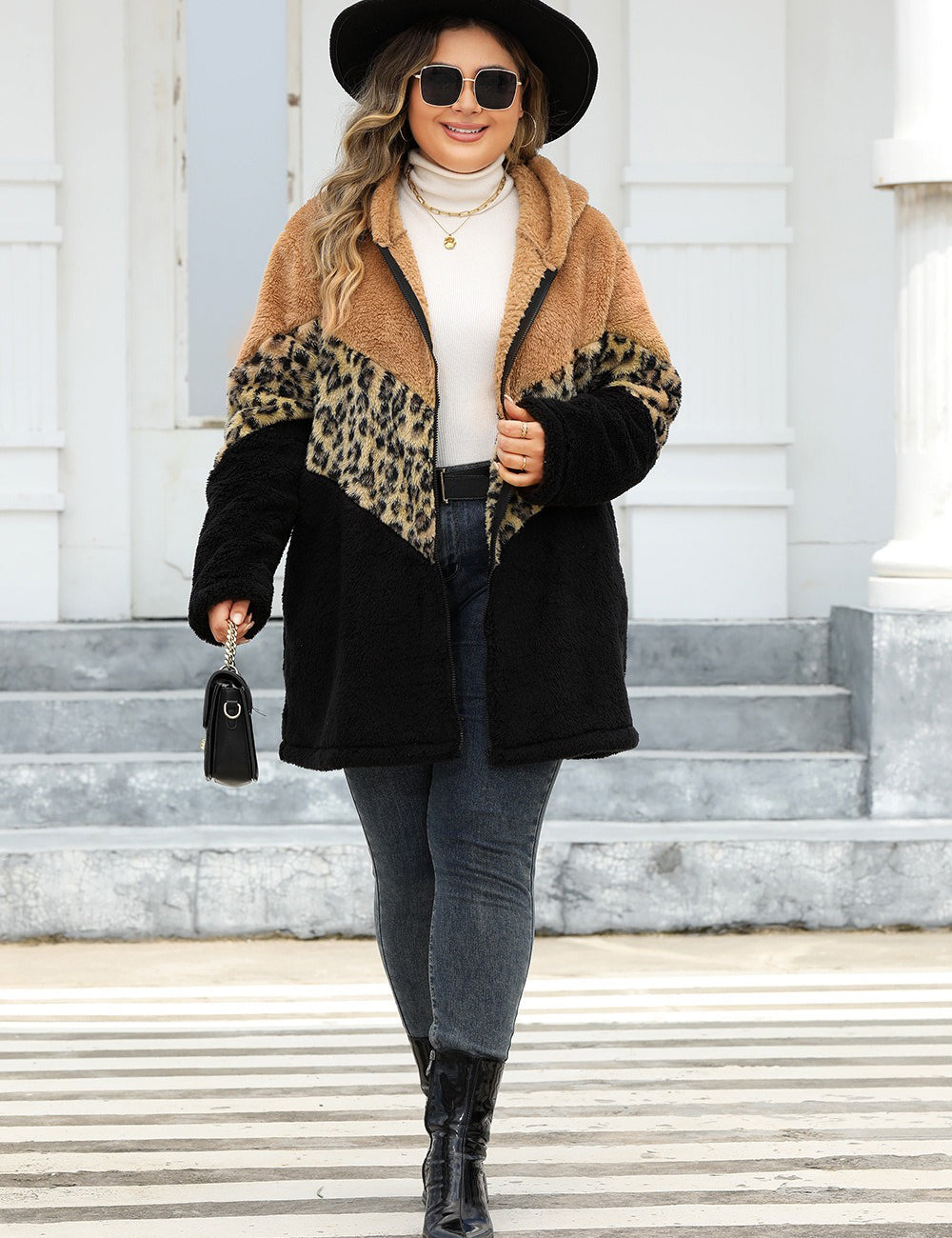 Women Plus Size Leopard Patchwork Zip-Up Hooded Coat