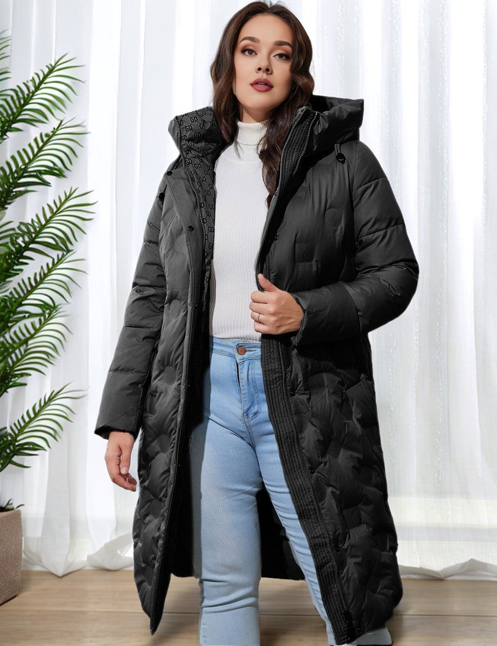 Women Plus Size Long Hooded Padded Coat