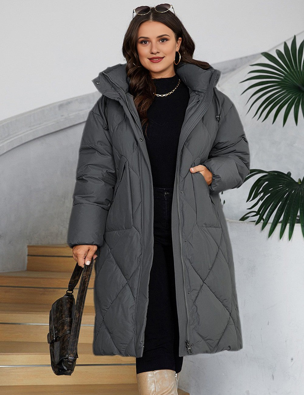 Women Plus Size Long Hooded Zip-Up Padded Coat