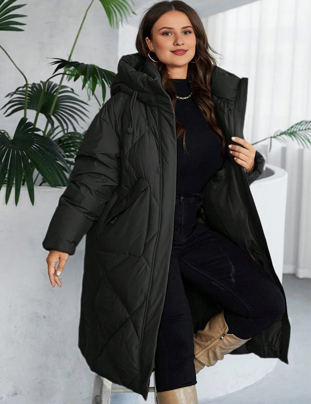 Women Plus Size Long Hooded Zip-Up Padded Coat