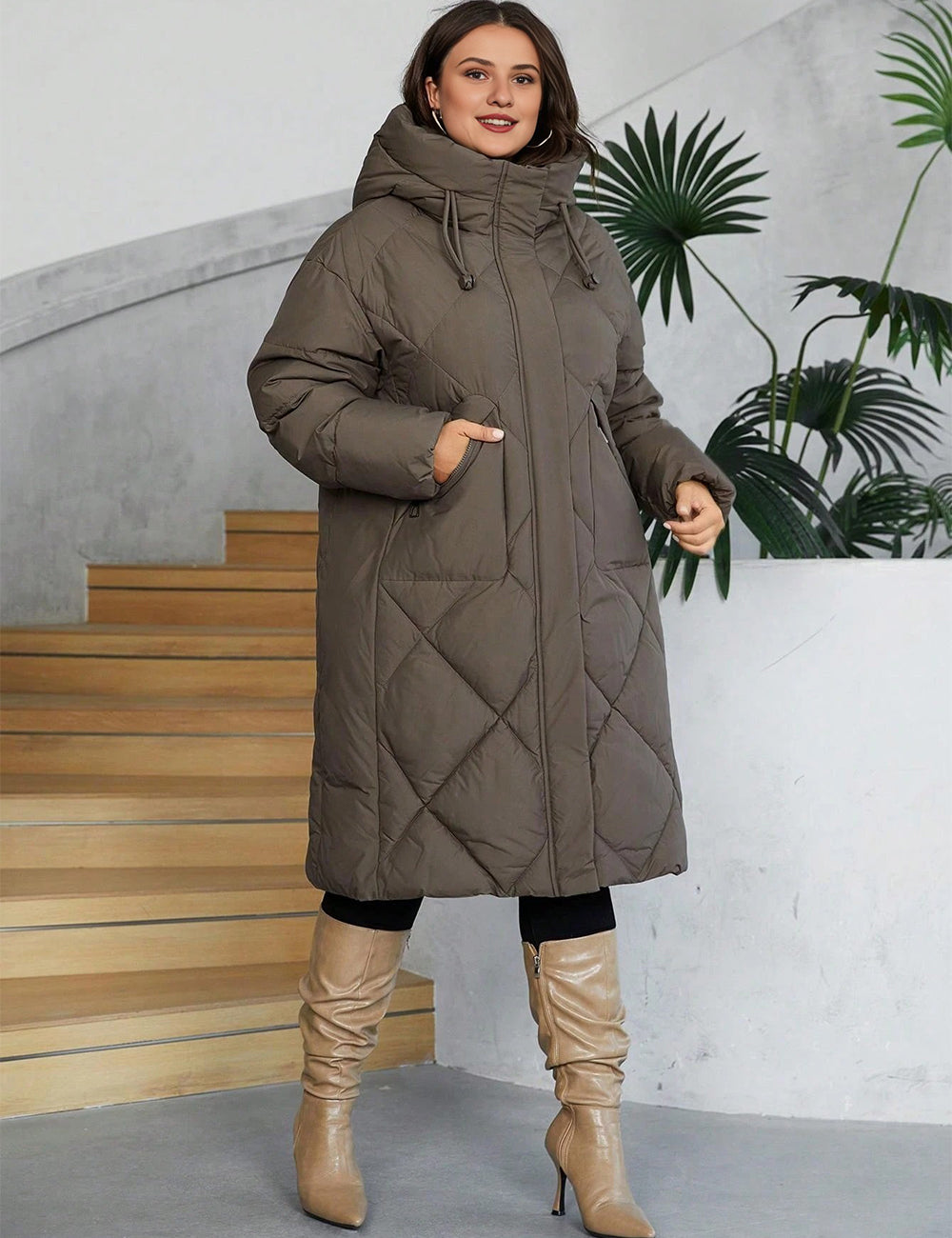 Women Plus Size Long Hooded Zip-Up Padded Coat