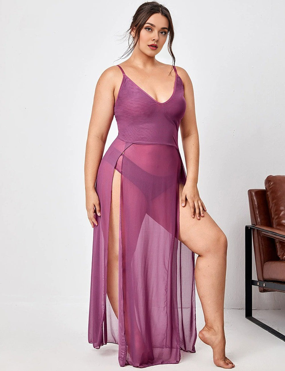 Women Plus Size Long Mesh Babydoll Chemise