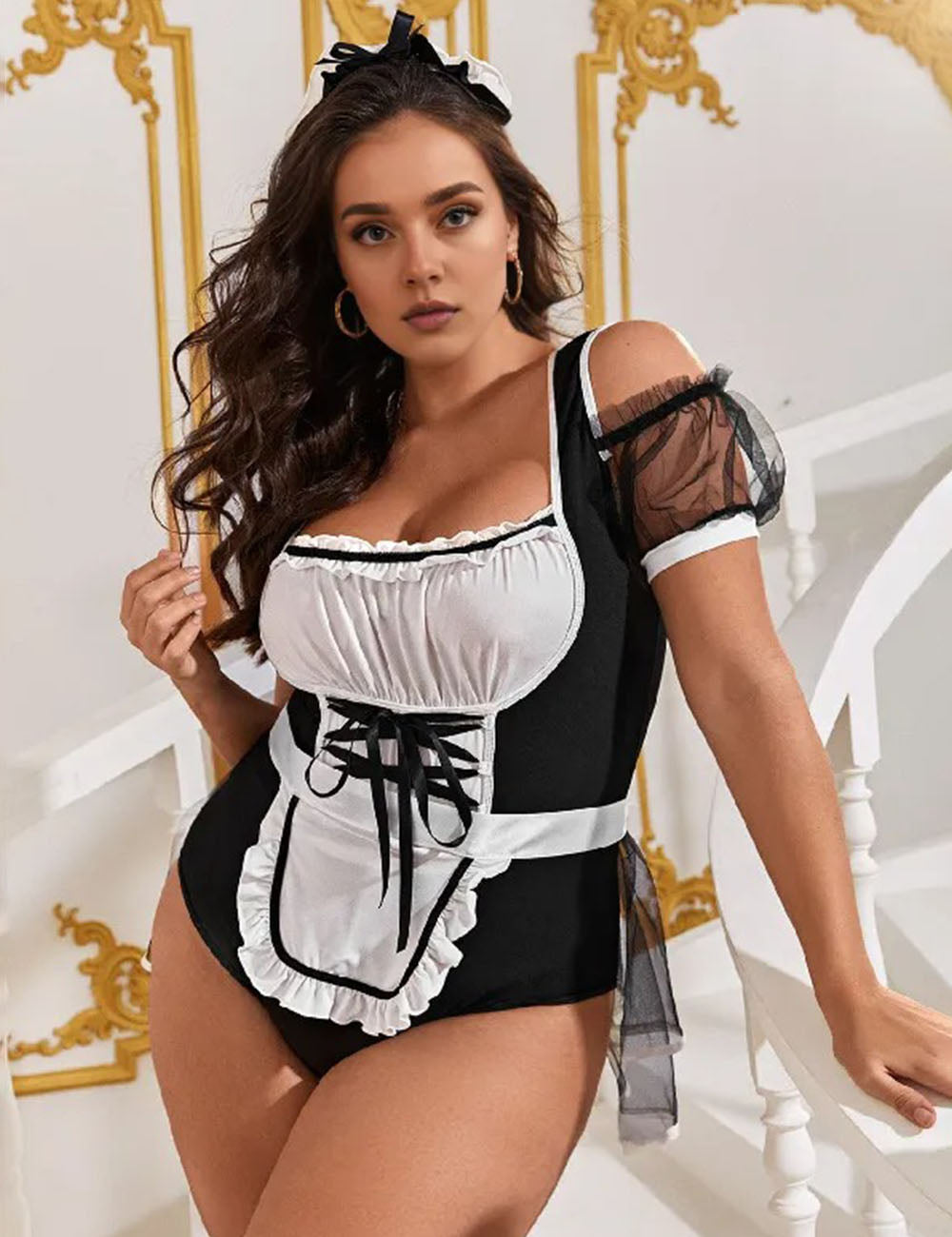 Women Plus Size Maid Uniform Bodysuit