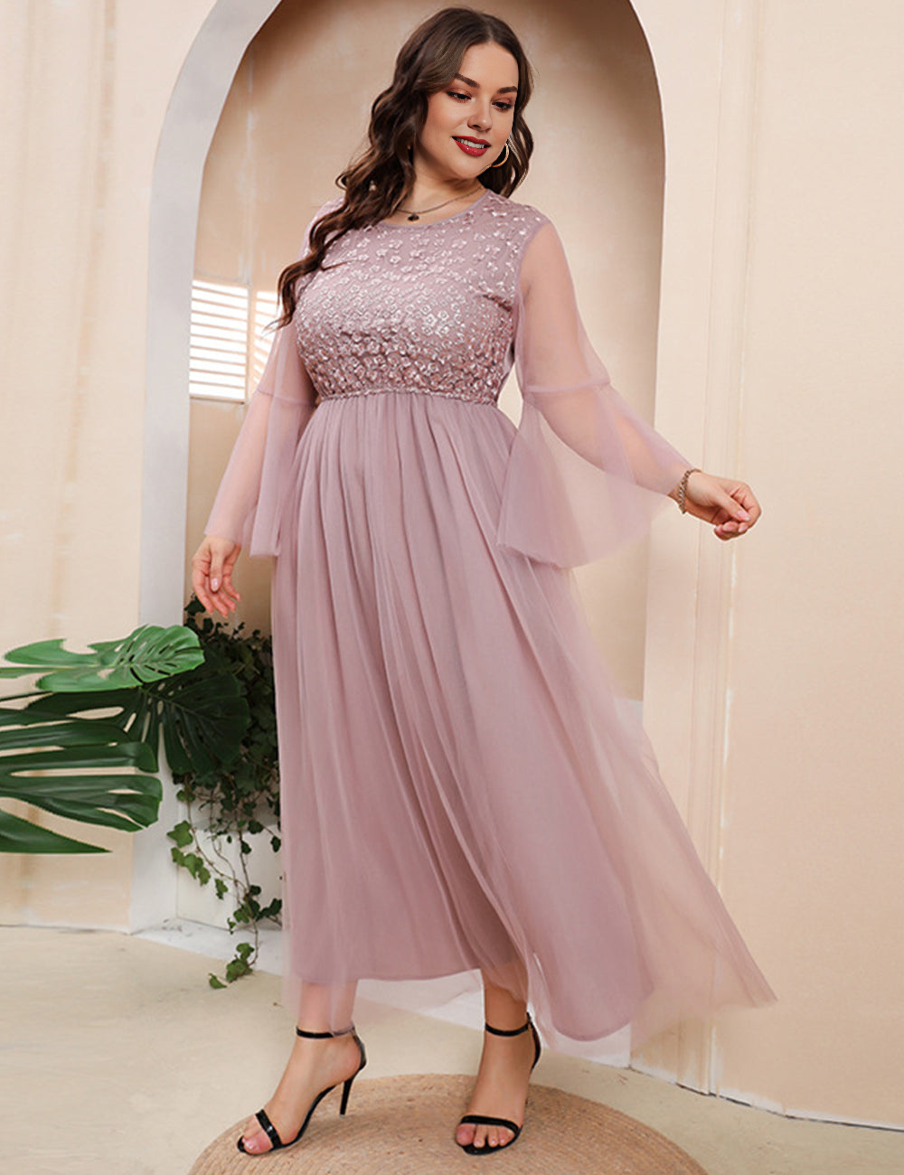 Women Plus Size Mesh Long Sleeve Evening Hand embroidery Dress-2