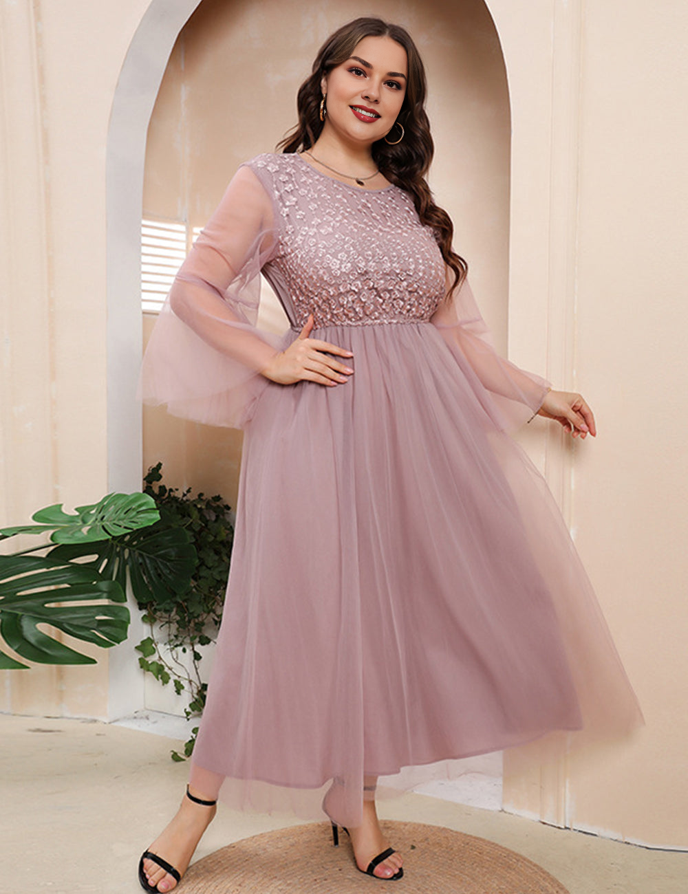 Women Plus Size Mesh Long Sleeve Evening Hand embroidery Dress-3