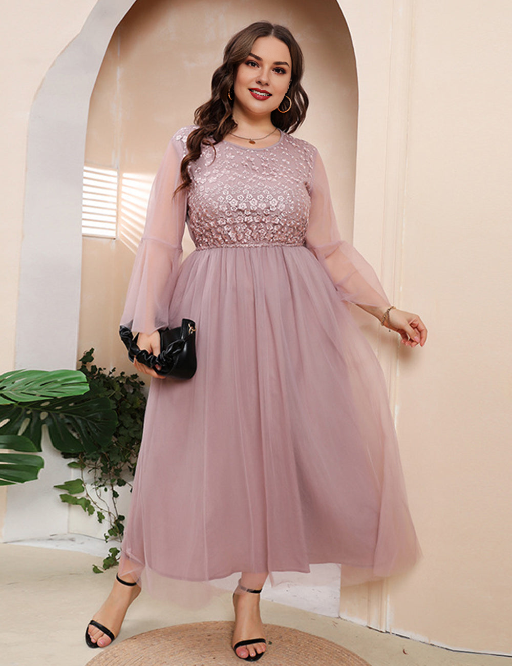 Women Plus Size Mesh Long Sleeve Evening Hand embroidery Dress