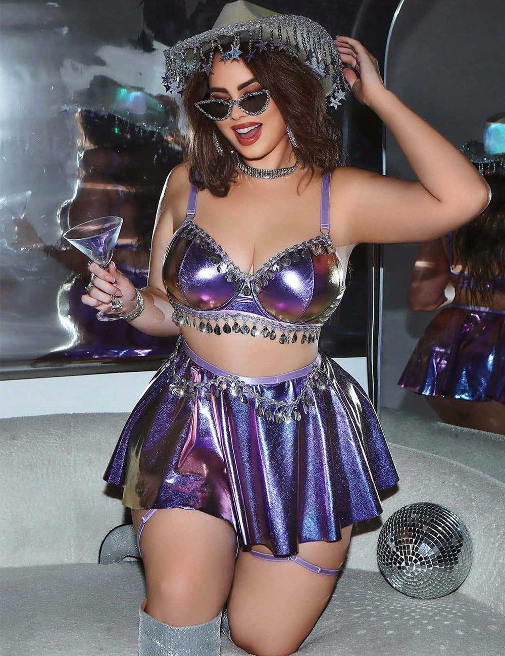 Women Plus Size Metallic Fringe Bra & Skater Skirt Set