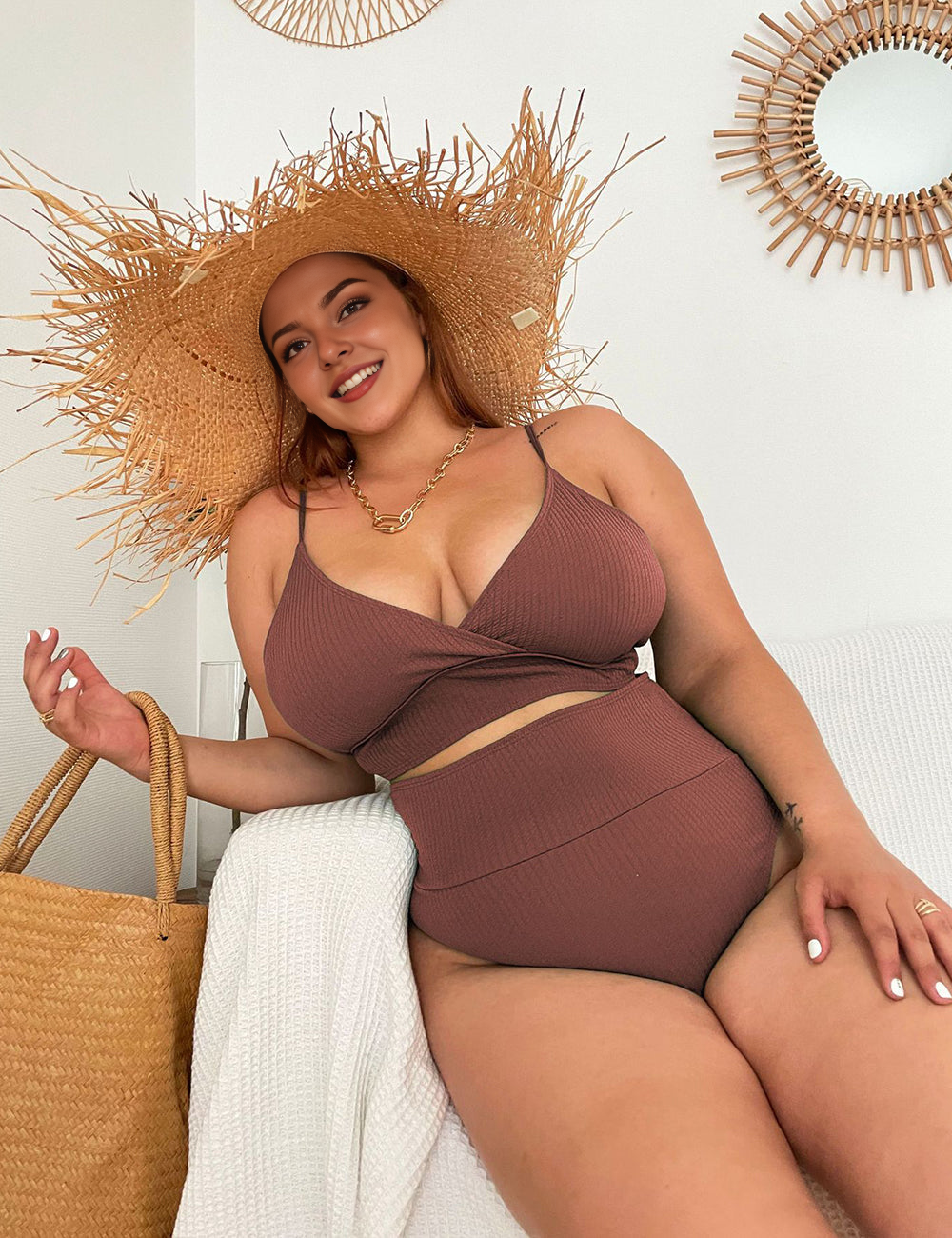 Women Plus Size Neckline Tie High Waist Sexy Bikini Swimsuit Two Piece Swimsuit-4