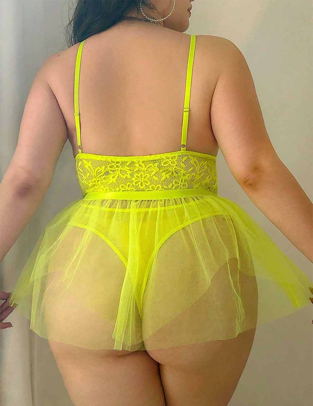 Women Plus Size Neon Yellow Lace Mesh Sheer Babydoll