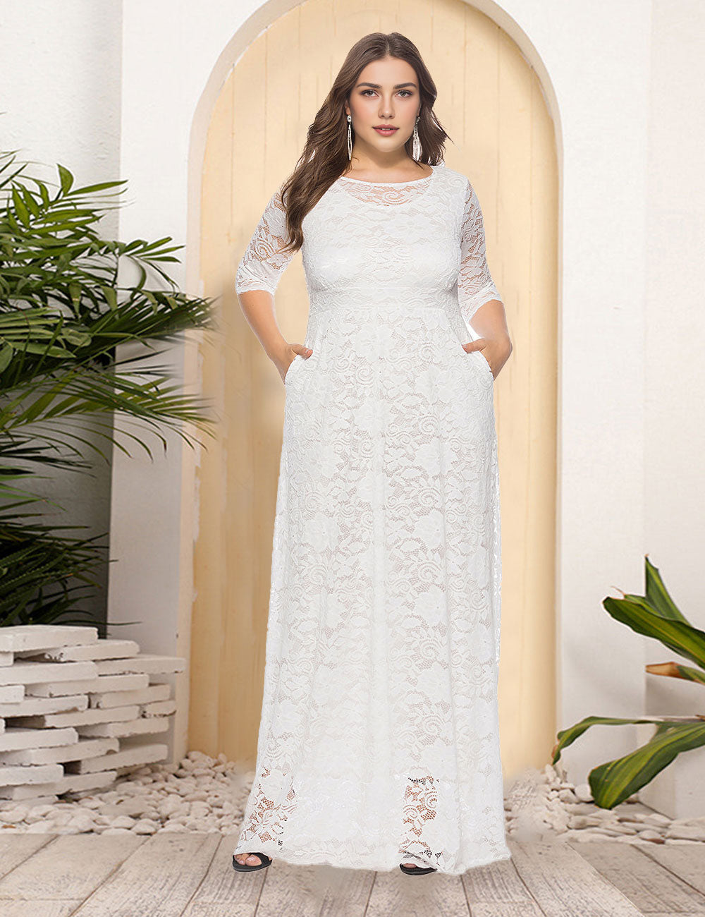 Women Plus Size New Hollow Lace Pocket Dress-1