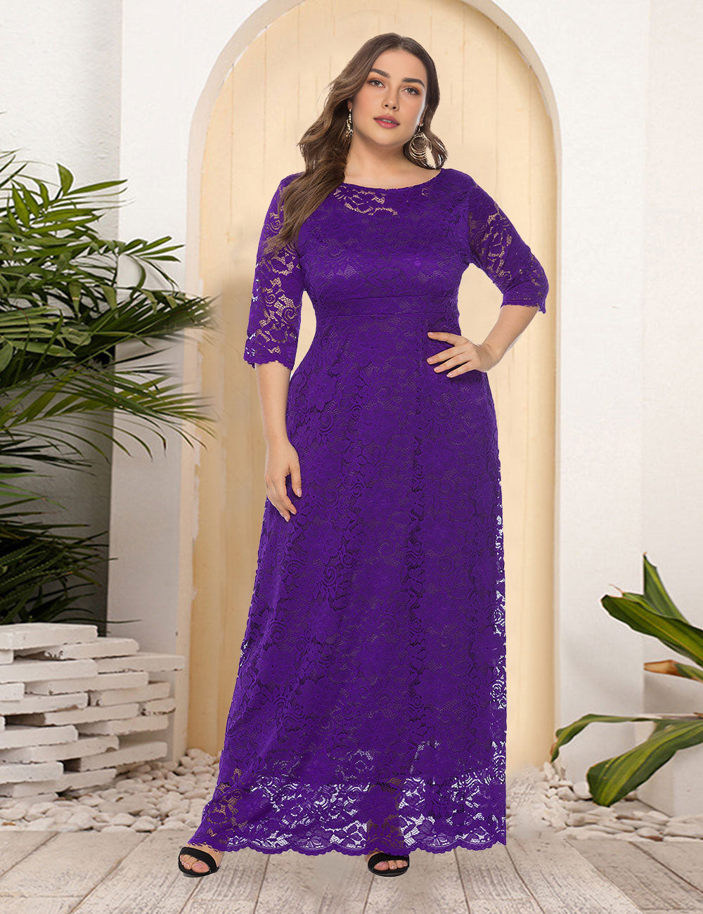 Women Plus Size New Hollow Lace Pocket Dress-10