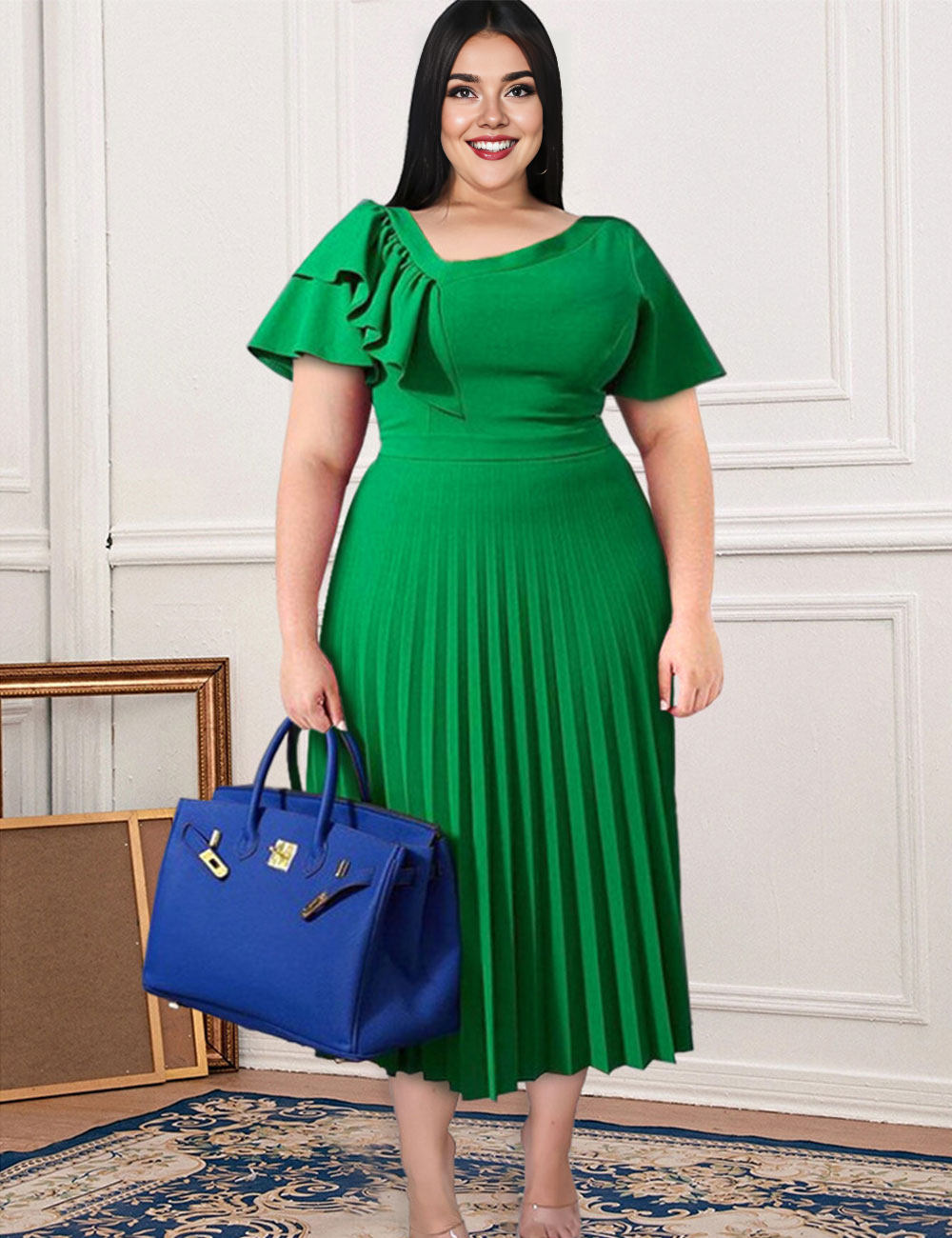 Women Plus Size Off-shoulder Ruffle Pleated Skirt Temperament Dress-1