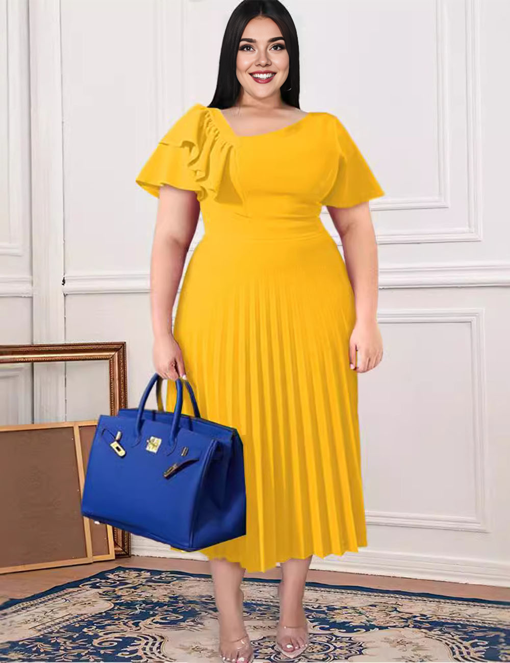 Women Plus Size Off-shoulder Ruffle Pleated Skirt Temperament Dress