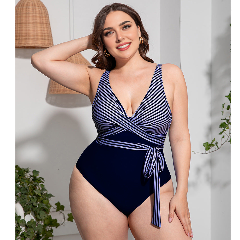Women Plus Size Paneled Slim Strap One-Piece Swimsuit-1