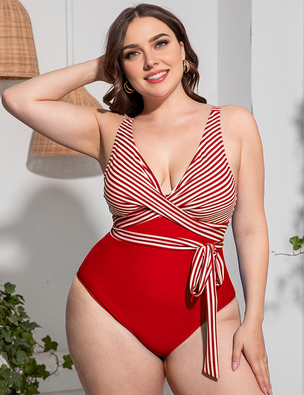 Women Plus Size Paneled Slim Strap One-Piece Swimsuit-10