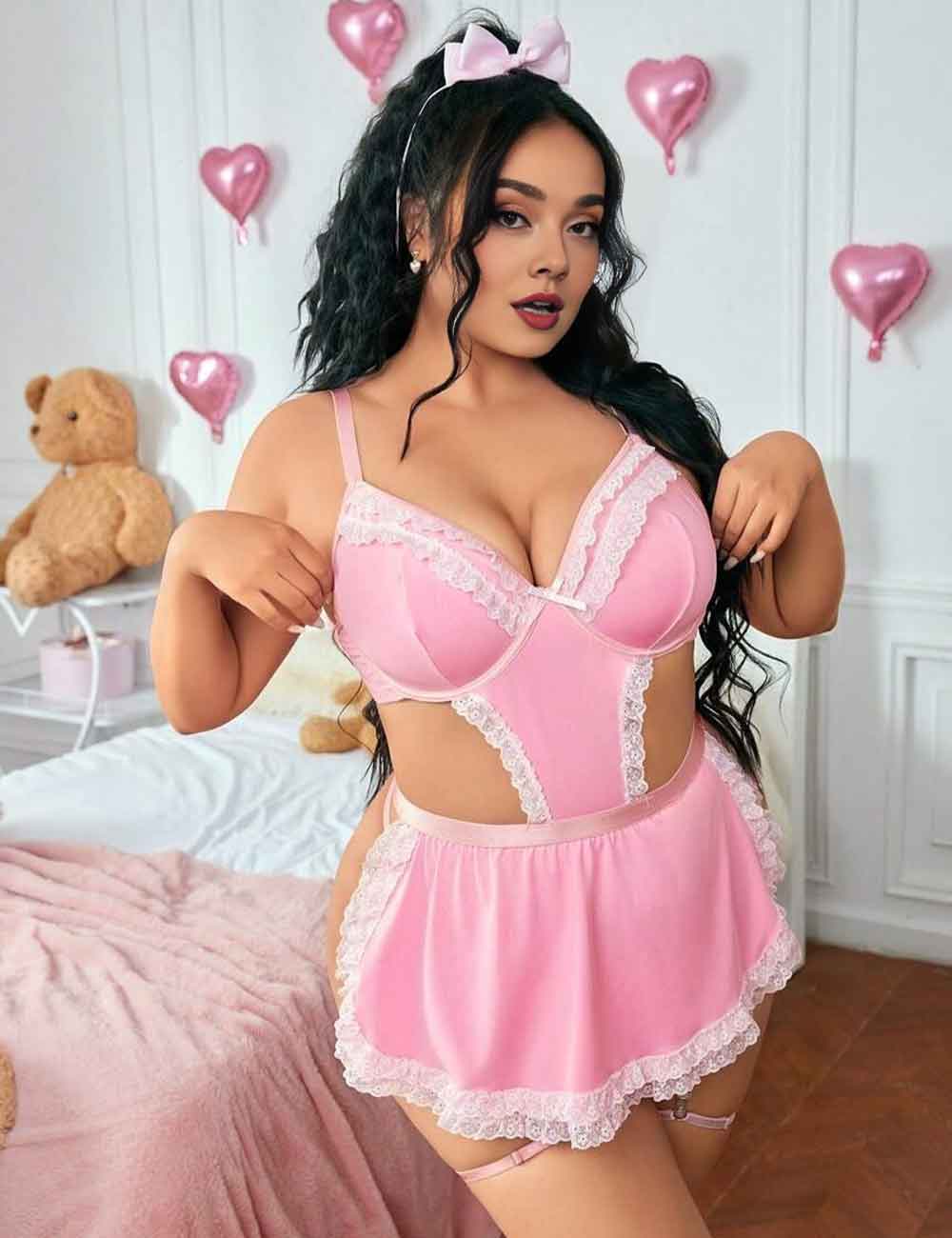 Women Plus Size PinkLace Patchwork Maid Costume