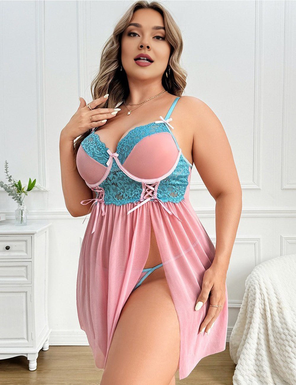 Women Plus Size Pink Contrast Lace Open Front Babydoll