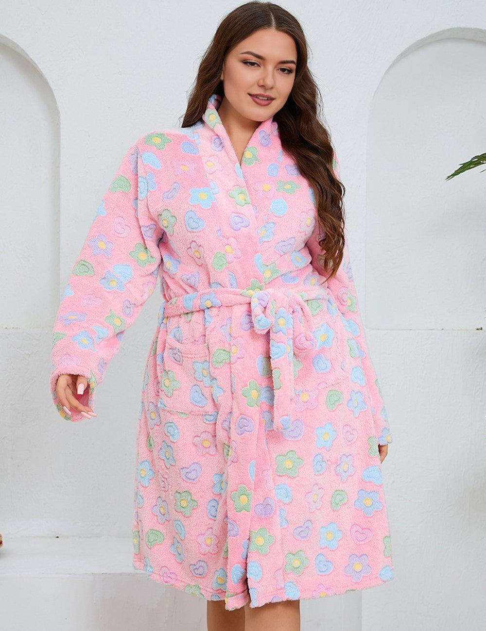 Women Plus Size Pink Floral Print Flannel Robe