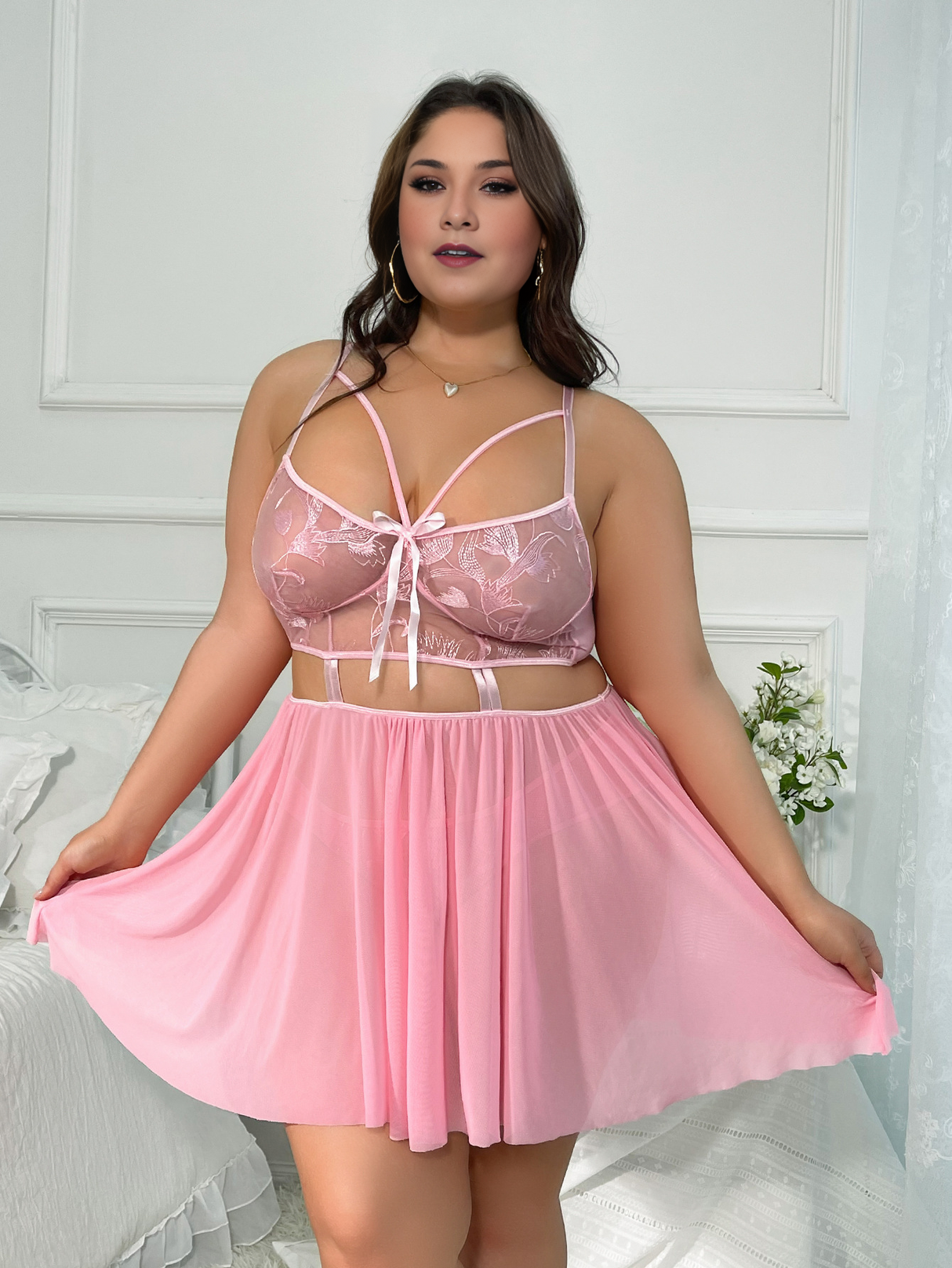 Women Plus Size Pink Halter Lace Stitching Babydoll-3