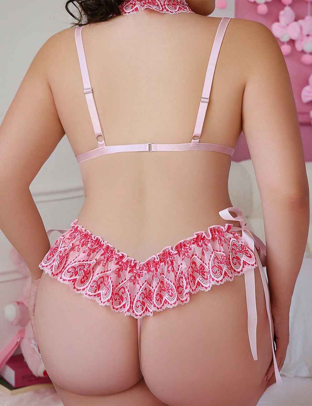Women Plus Size Pink Lace Sheer Mesh Teddy