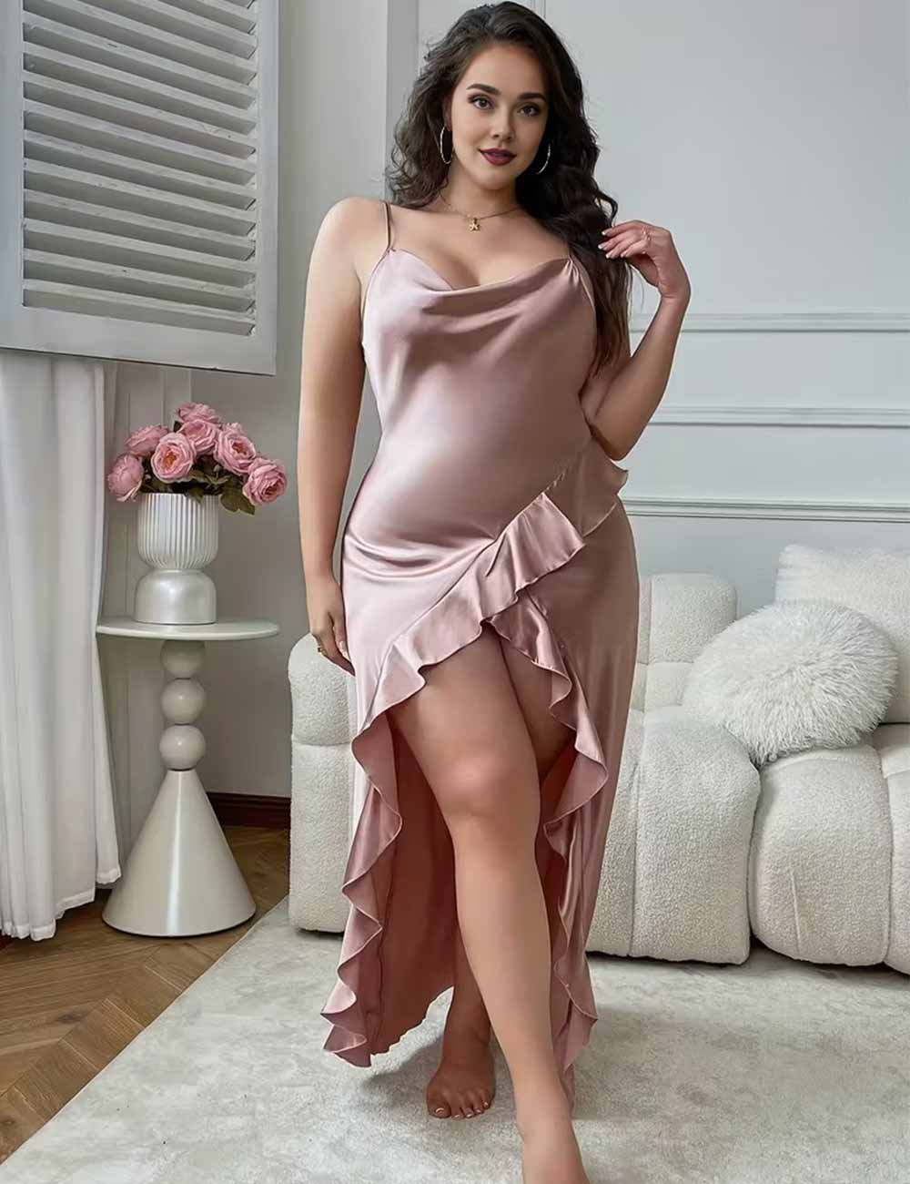 Women Plus Size Pink Satin Draped Ruffle Slit Nightgown