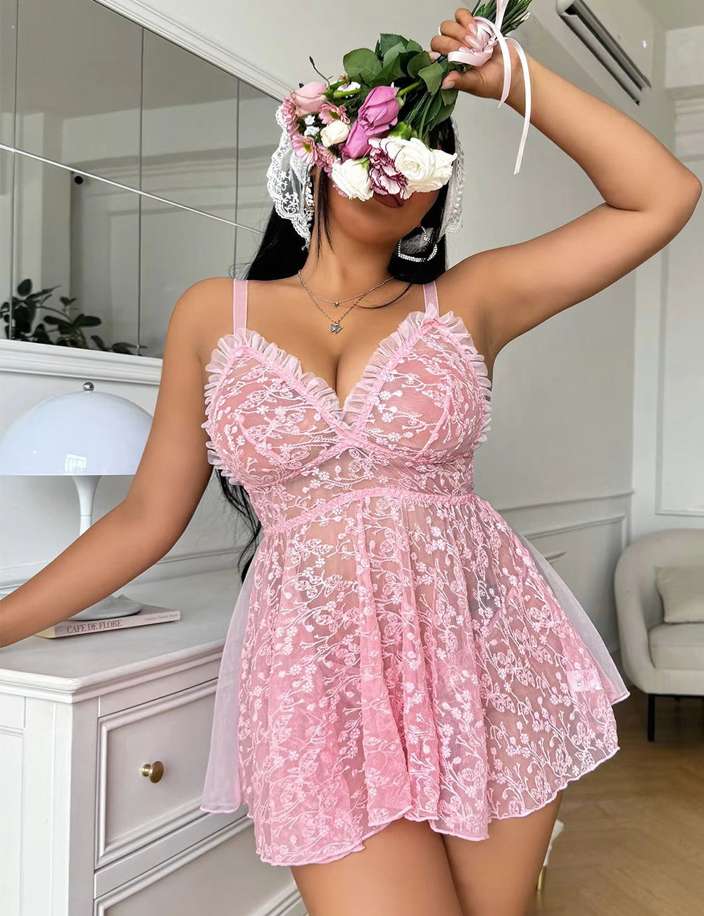 Women Plus Size Pink Transparent Babydoll