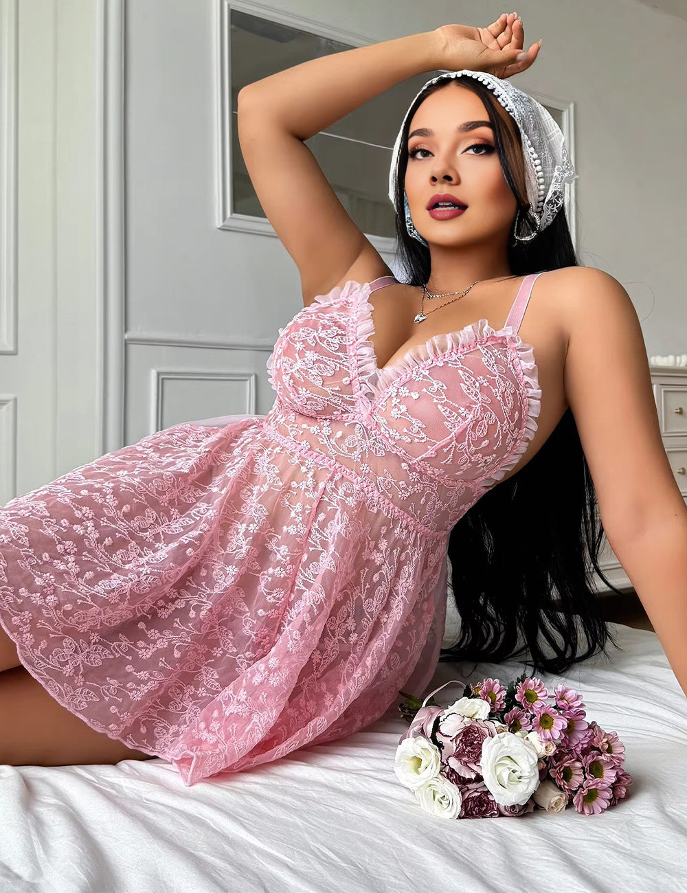 Women Plus Size Pink Transparent Babydoll