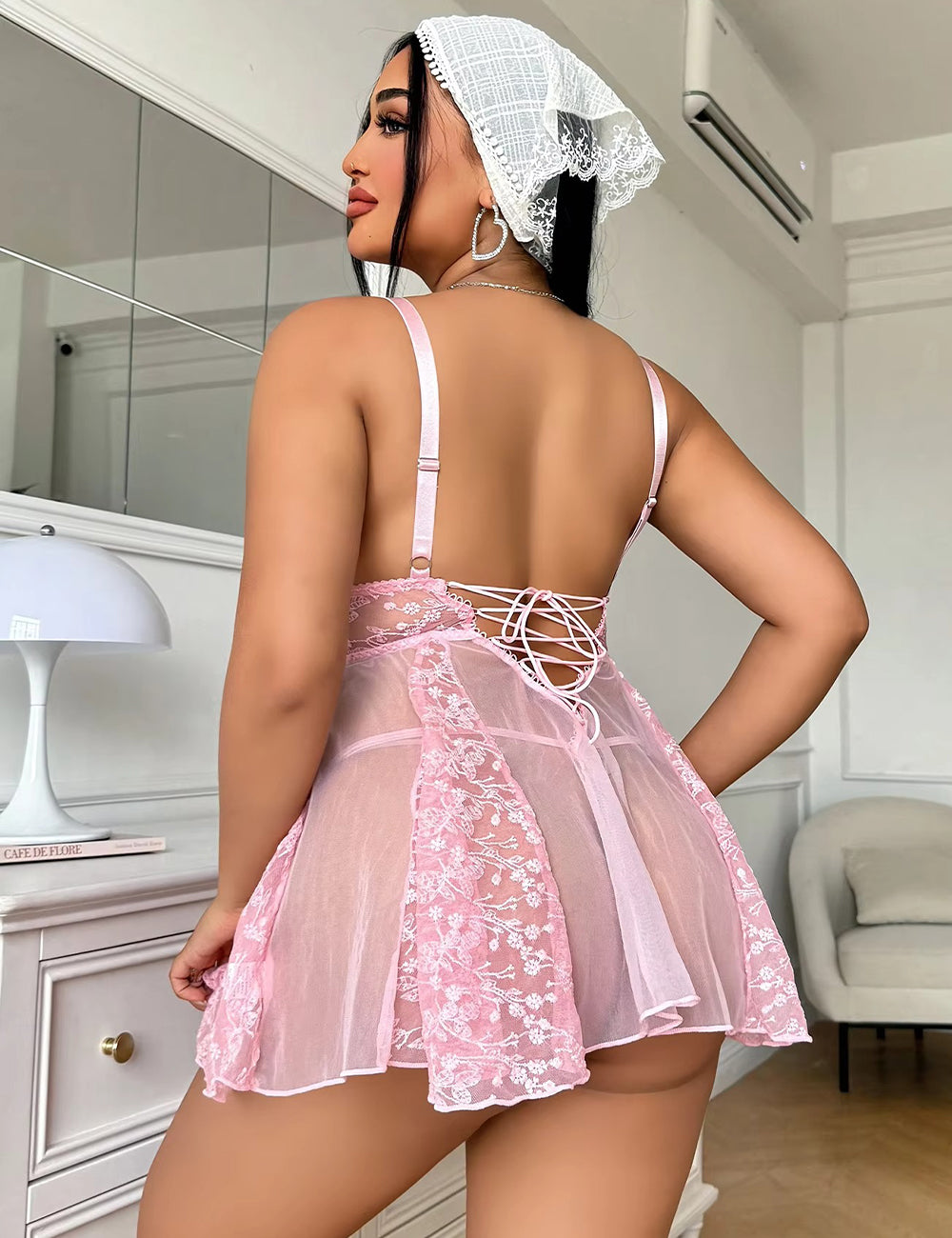 Women Plus Size Pink Transparent Babydoll