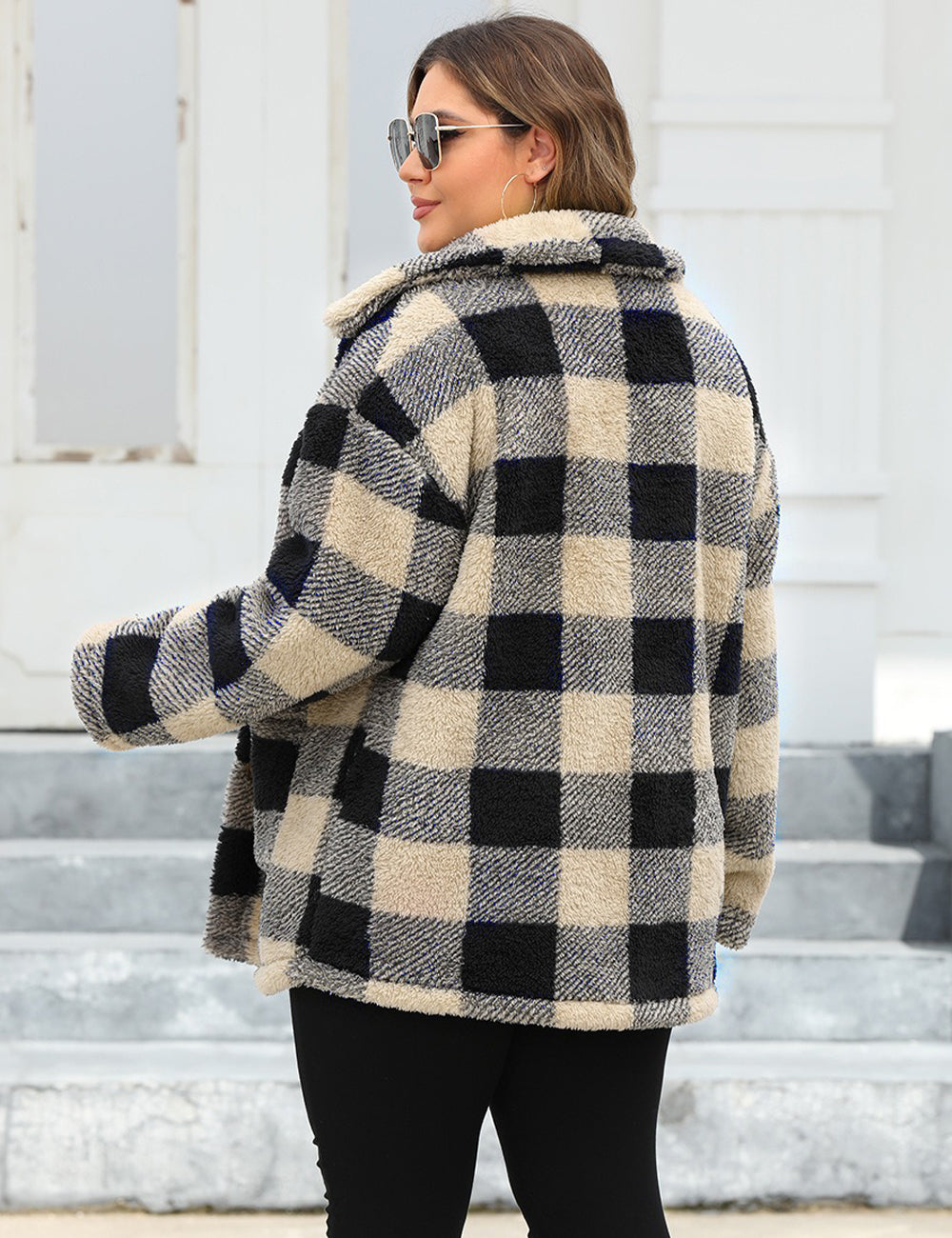 Women Plus Size Plaid Fleece Lined Turn-Down Collar Coat