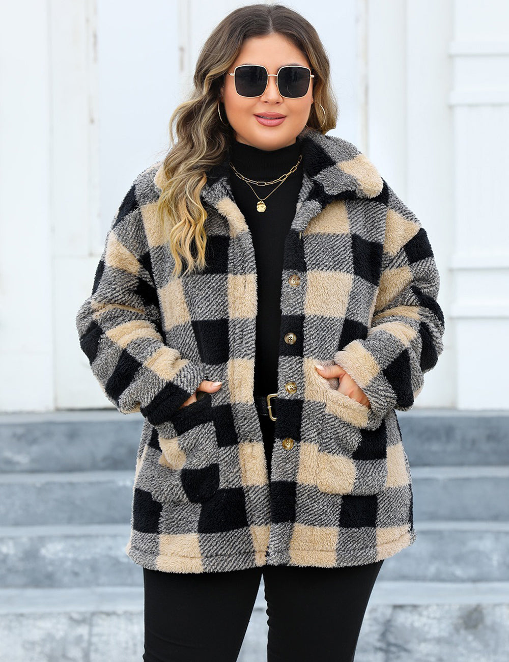 Women Plus Size Plaid Fleece Lined Turn-Down Collar Coat