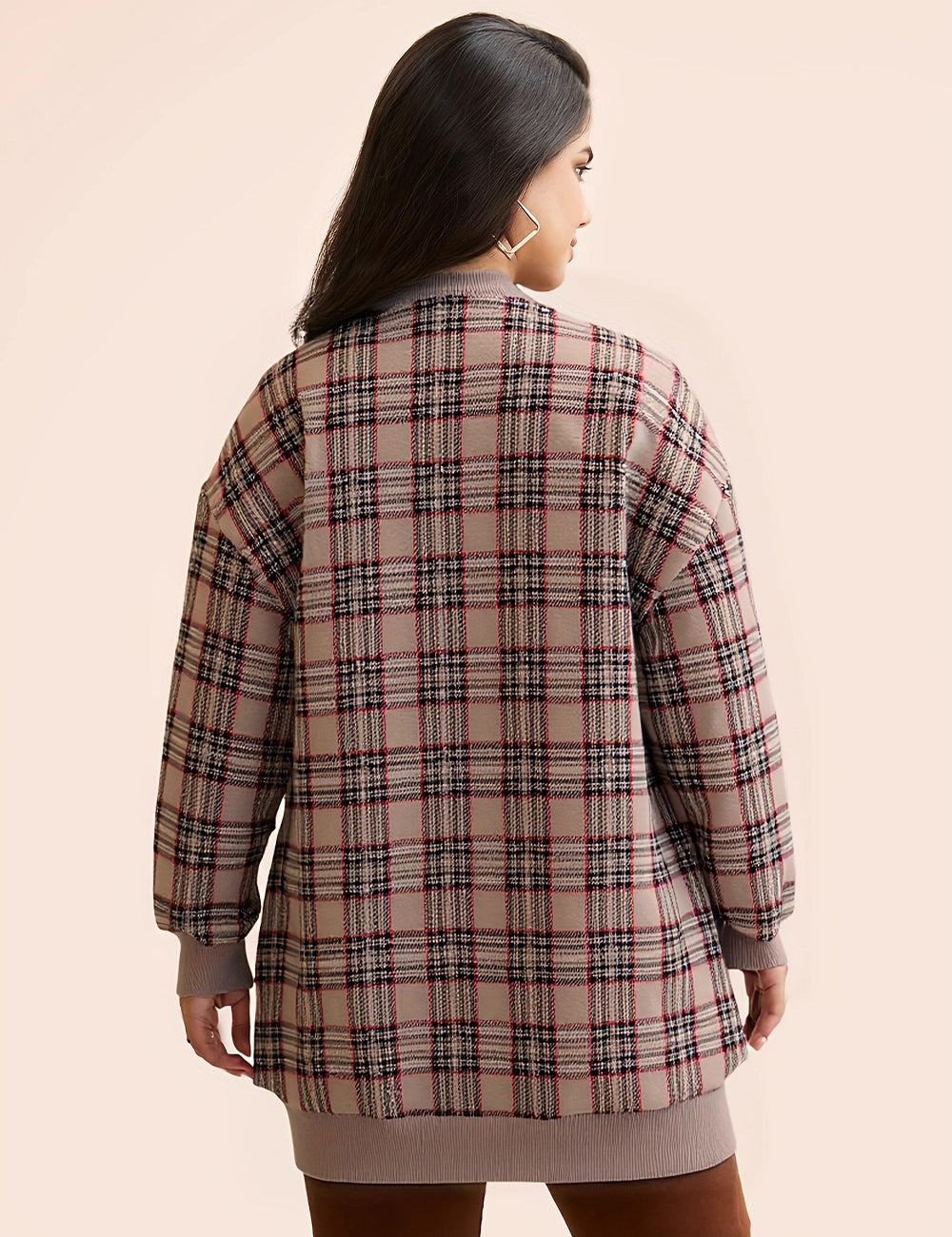 Women Plus Size Plaid Open Front Patch Pocket Cardigan
