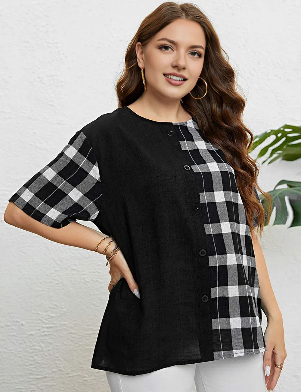 Women_Plus_Size_Plaid_Patchwork_Short_Sleeves_PRUSES_1