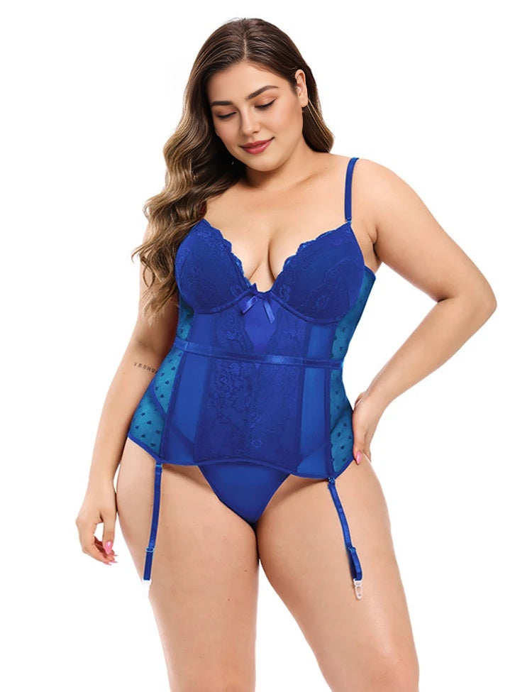 Women Plus Size Plastic Bone Luxurious Satin Lace Panel Corset-8