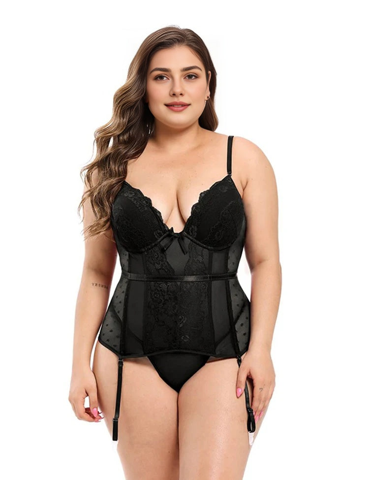 Women Plus Size Plastic Bone Luxurious Satin Lace Panel Corset