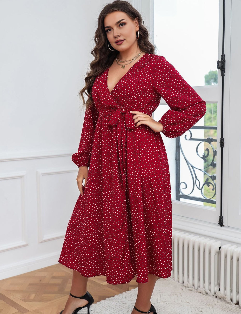 Women Plus Size Polka Dot Printed Boho Maxi Dress