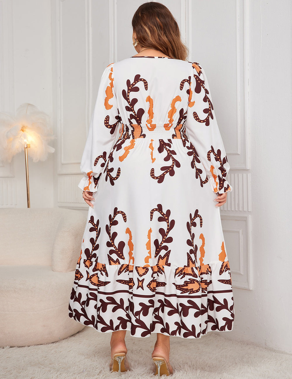 Women Plus Size Printed Surplice Flounce Sleeve Dress