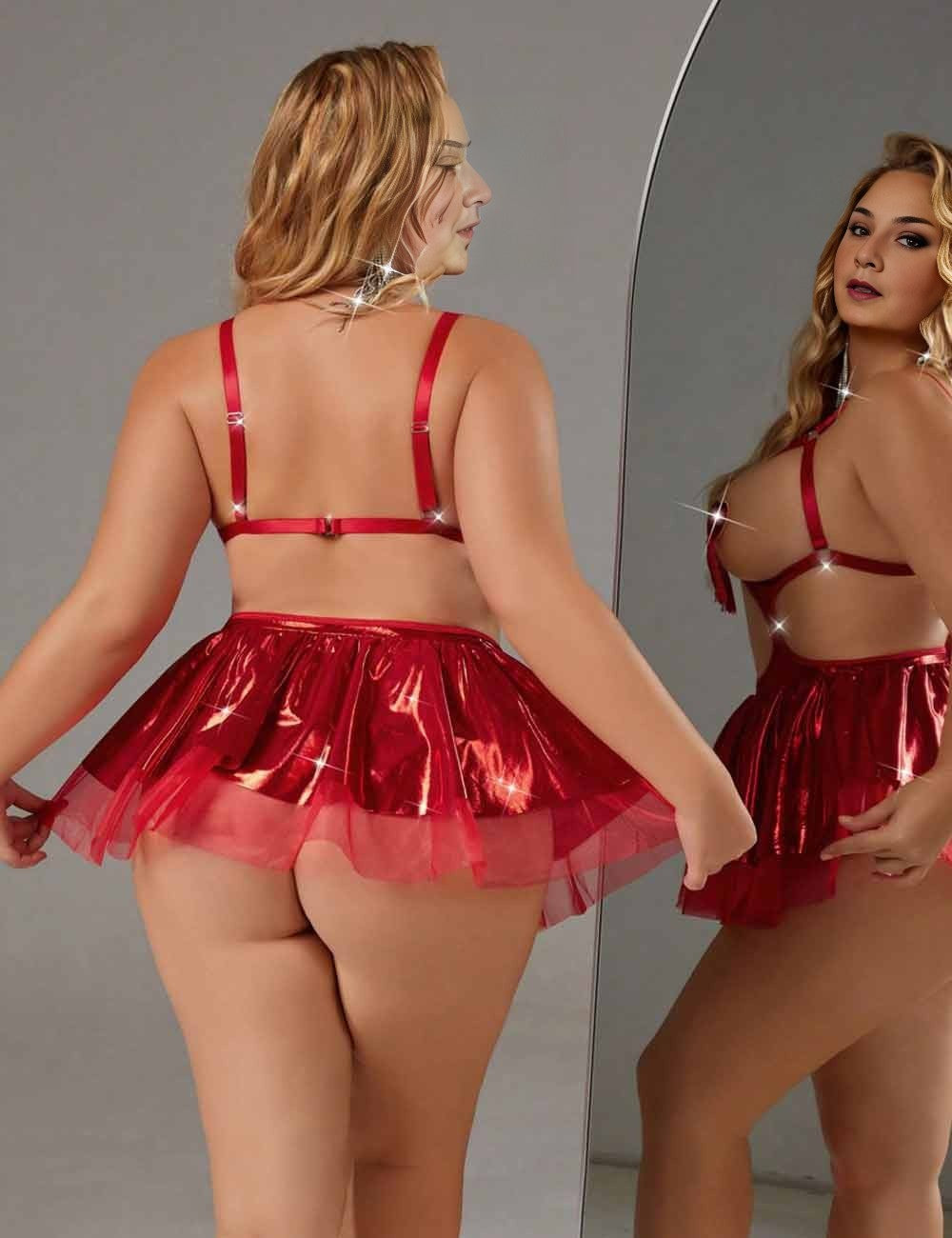 Women Plus Size Red Cutout Heart Tassel Lingerie Dress