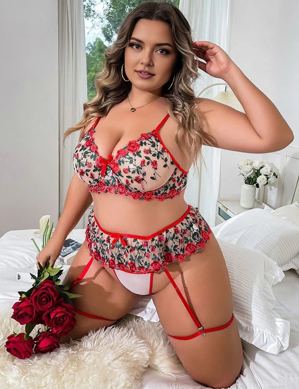 Women Plus Size Red Embroidered Bra Set with Garter Belt